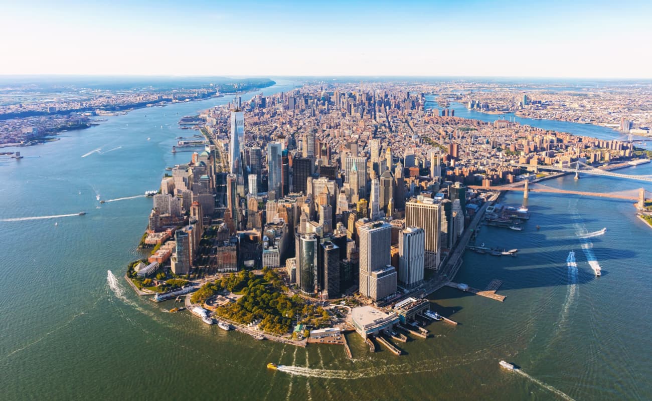 aerial view of the Lower Manhattan tip of the Manhattan Peninsula, from high above the water